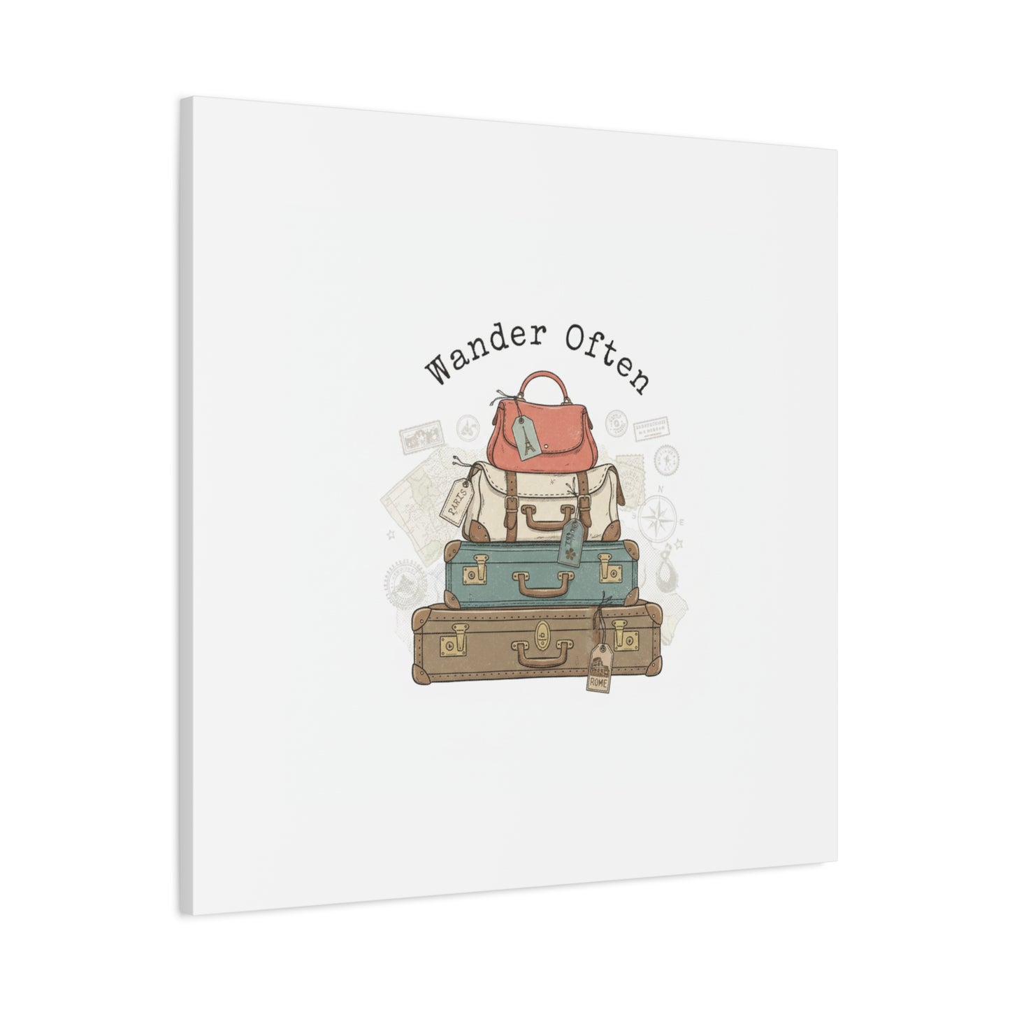 Wander Often Vintage Luggage Stack Canvas, travel stamps | passport stamp wanderlust
