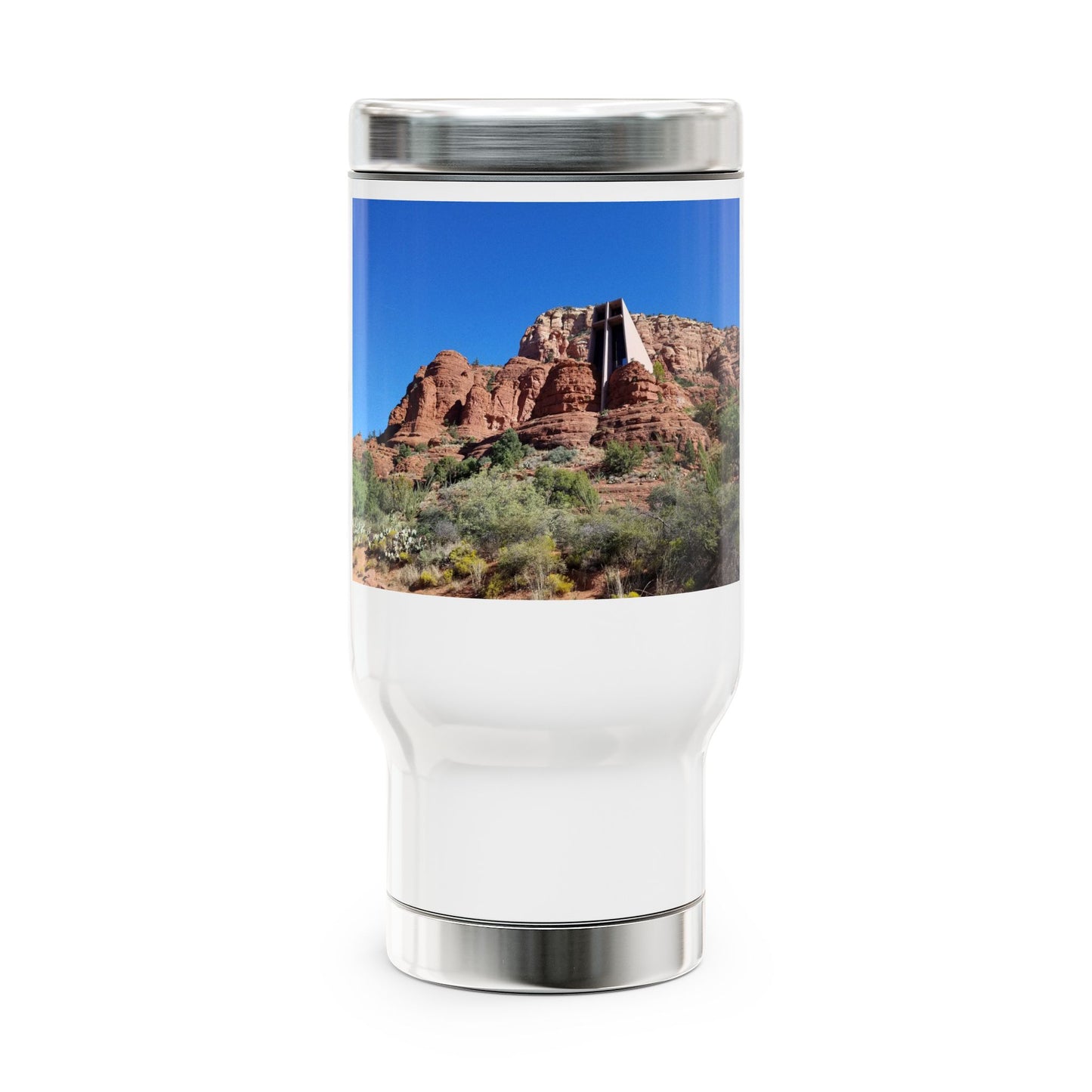 Sedona Red Rock Travel Mug — 14oz Stainless Steel Coffee Tumbler with Handle