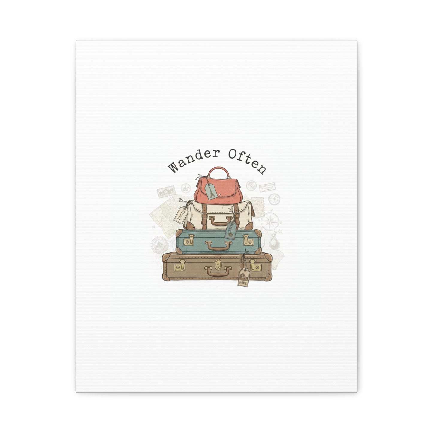Wander Often Vintage Luggage Stack Canvas, travel stamps | passport stamp wanderlust