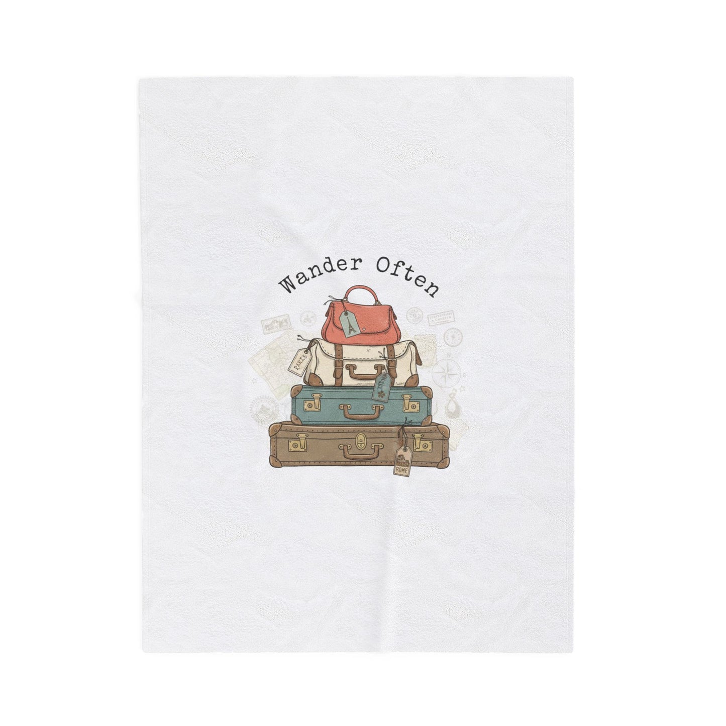 Wander Often vintage luggage stack Velveteen Blanket | travel stamps, postcard vintage