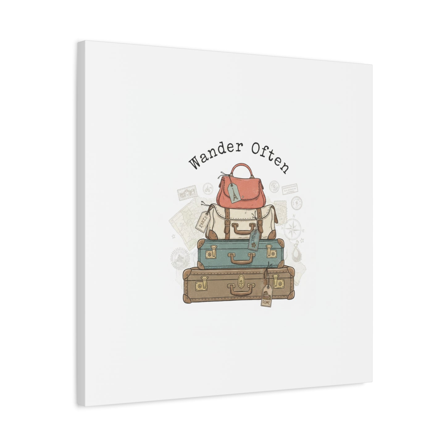Wander Often Vintage Luggage Stack Canvas, travel stamps | passport stamp wanderlust