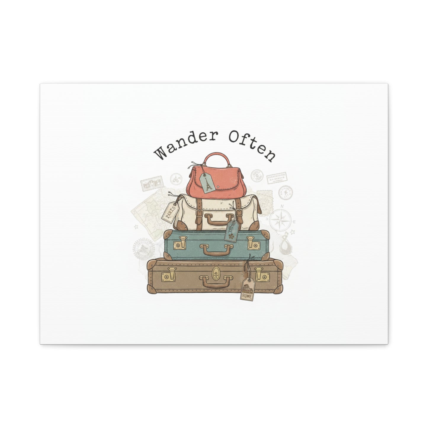 Wander Often Vintage Luggage Stack Canvas, travel stamps | passport stamp wanderlust