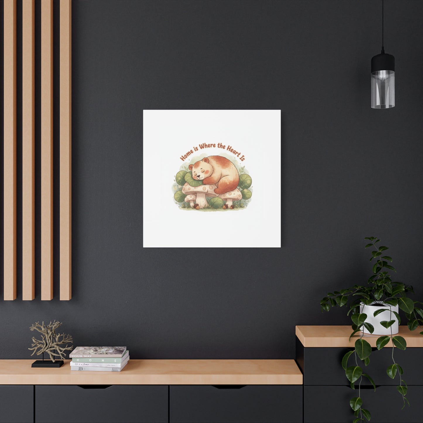 Cozy Sleeping Bear Canvas, winter forest art | cute animal illustration
