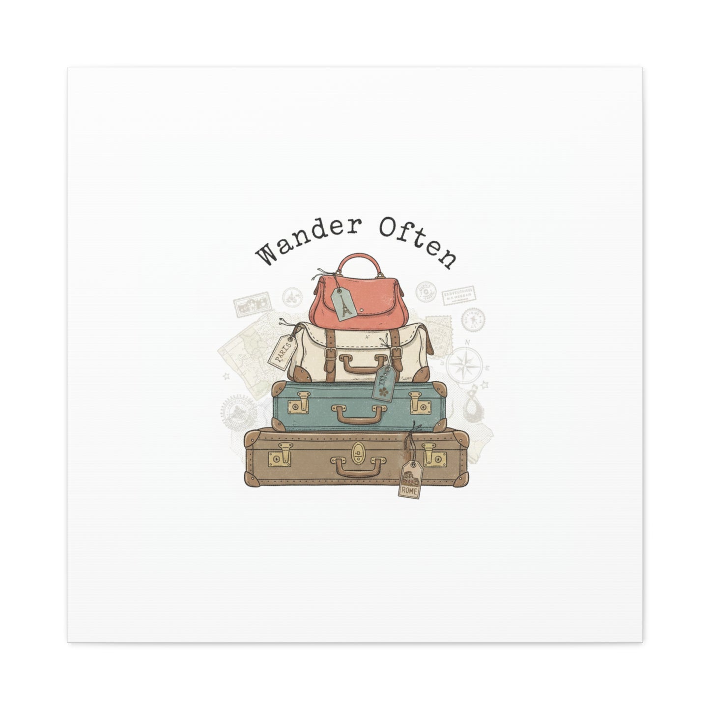 Wander Often Vintage Luggage Stack Canvas, travel stamps | passport stamp wanderlust