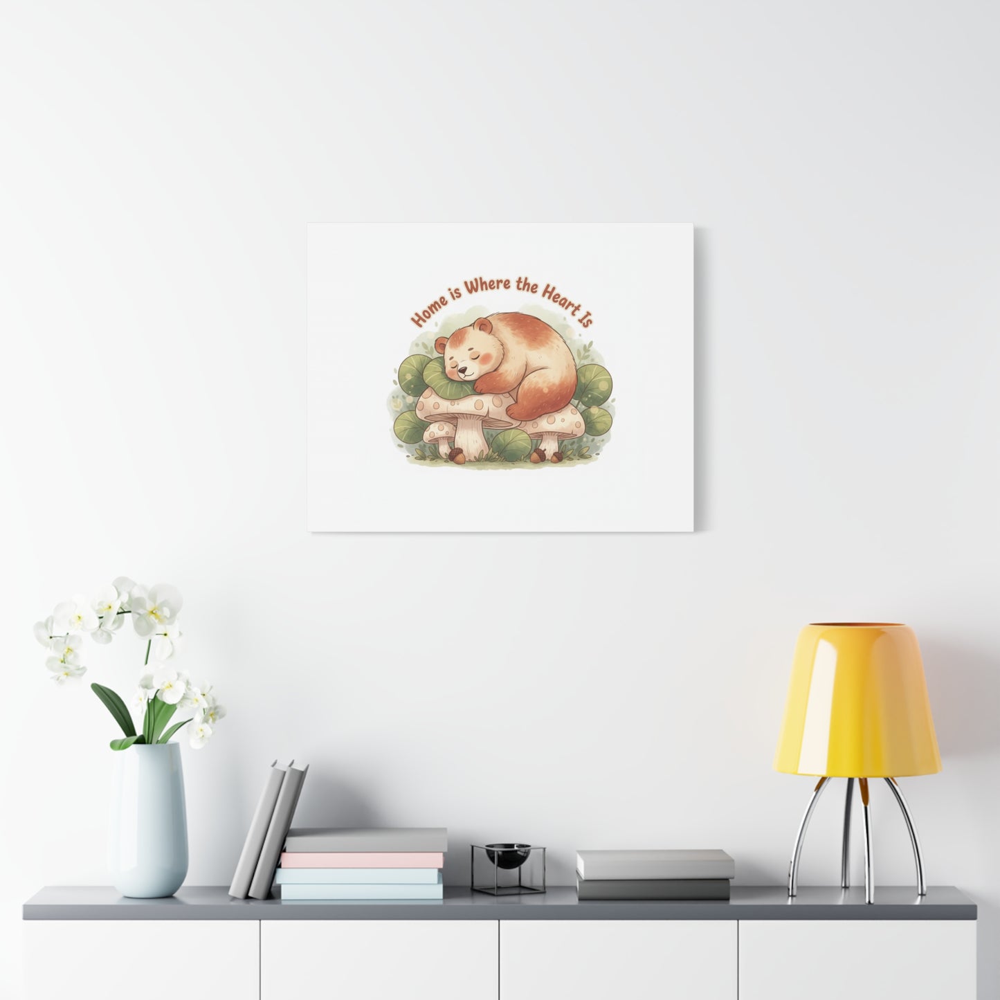 Cozy Sleeping Bear Canvas, winter forest art | cute animal illustration