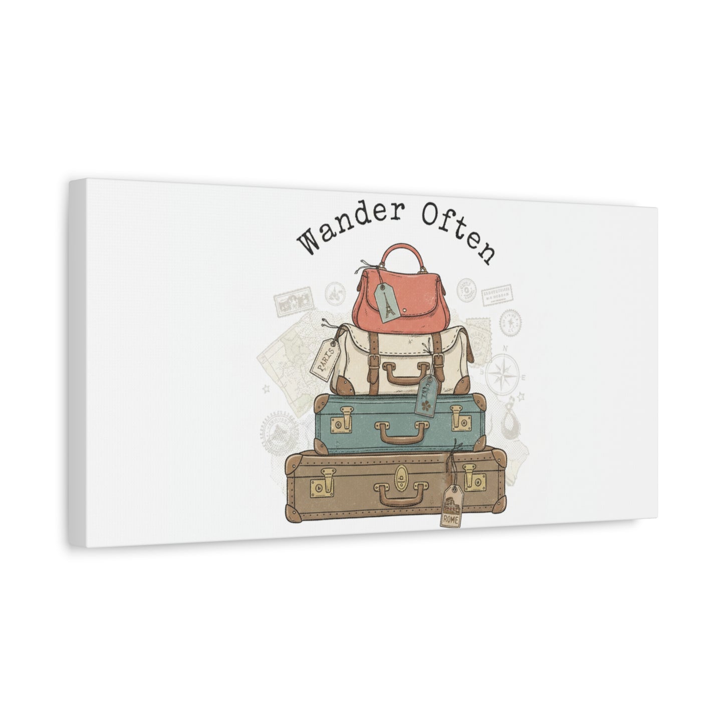 Wander Often Vintage Luggage Stack Canvas, travel stamps | passport stamp wanderlust