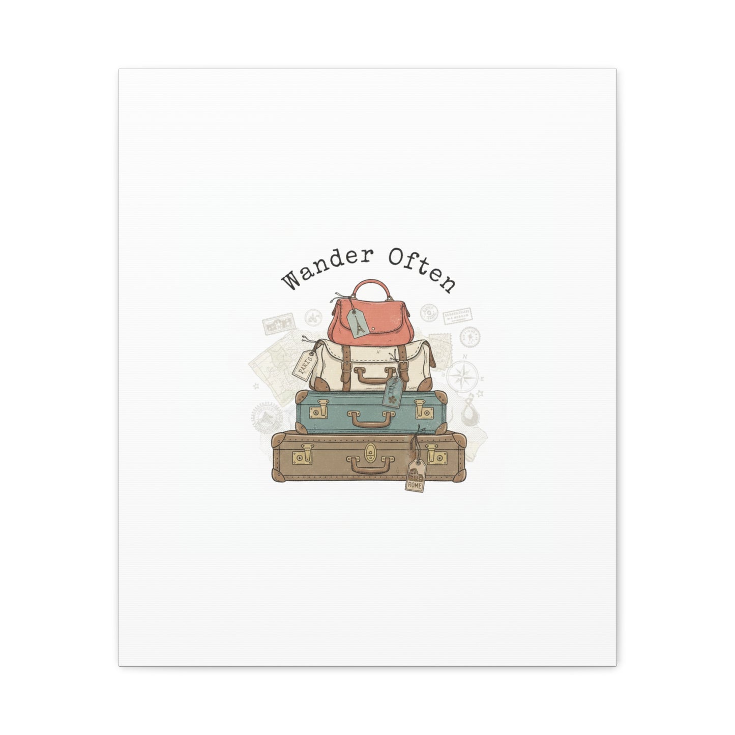 Wander Often Vintage Luggage Stack Canvas, travel stamps | passport stamp wanderlust