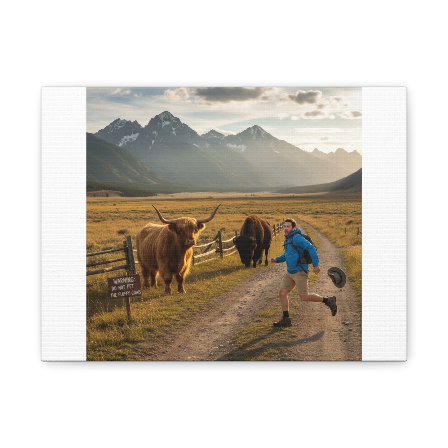 Chased by a Buffalo Canvas | wholesome sarcasm print, soft humor wall art