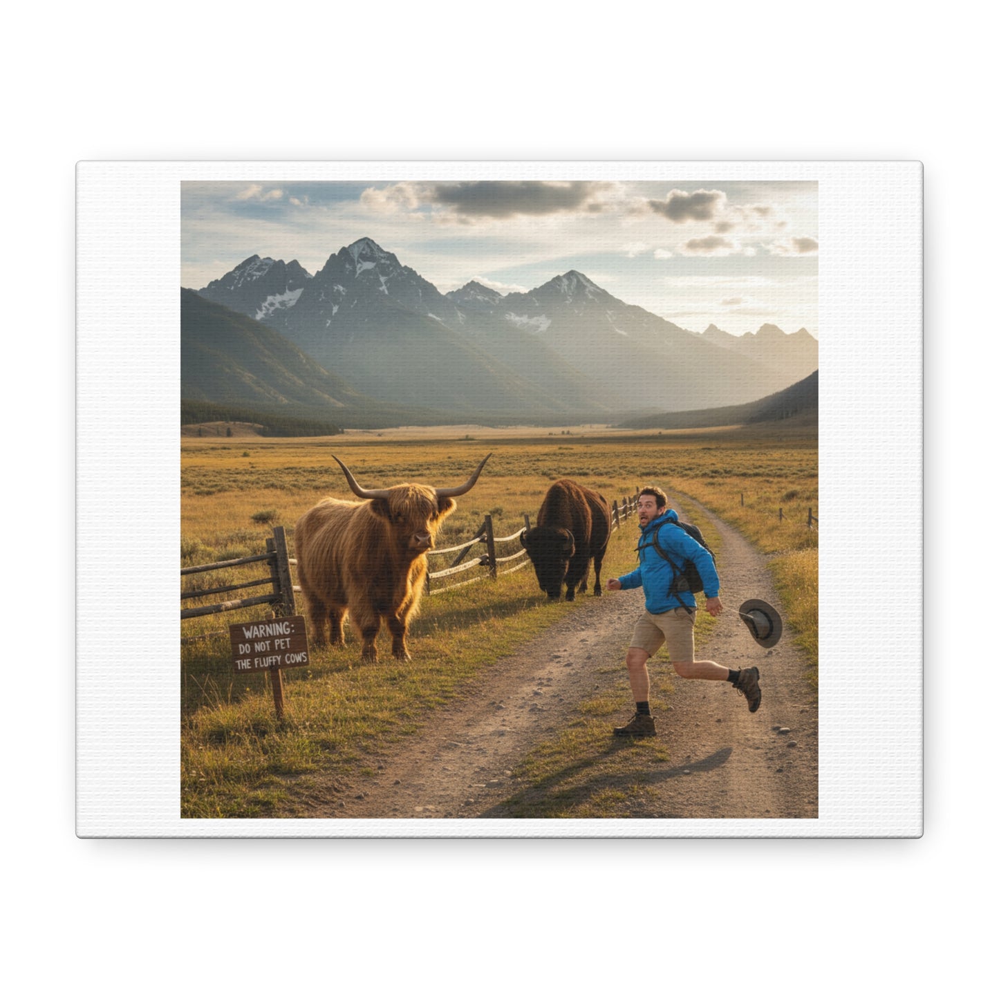 Chased by a Buffalo Canvas | wholesome sarcasm print, soft humor wall art