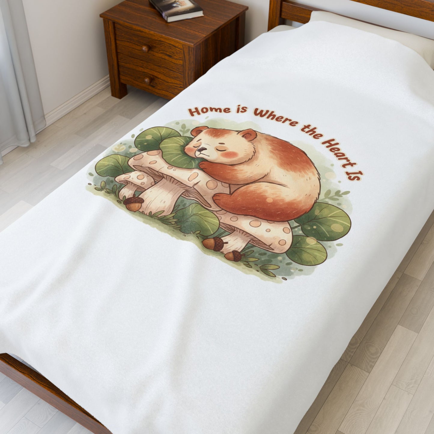 Cozy Sleeping Bear Illustration Velveteen Blanket | cute animal illustration, winter forest art