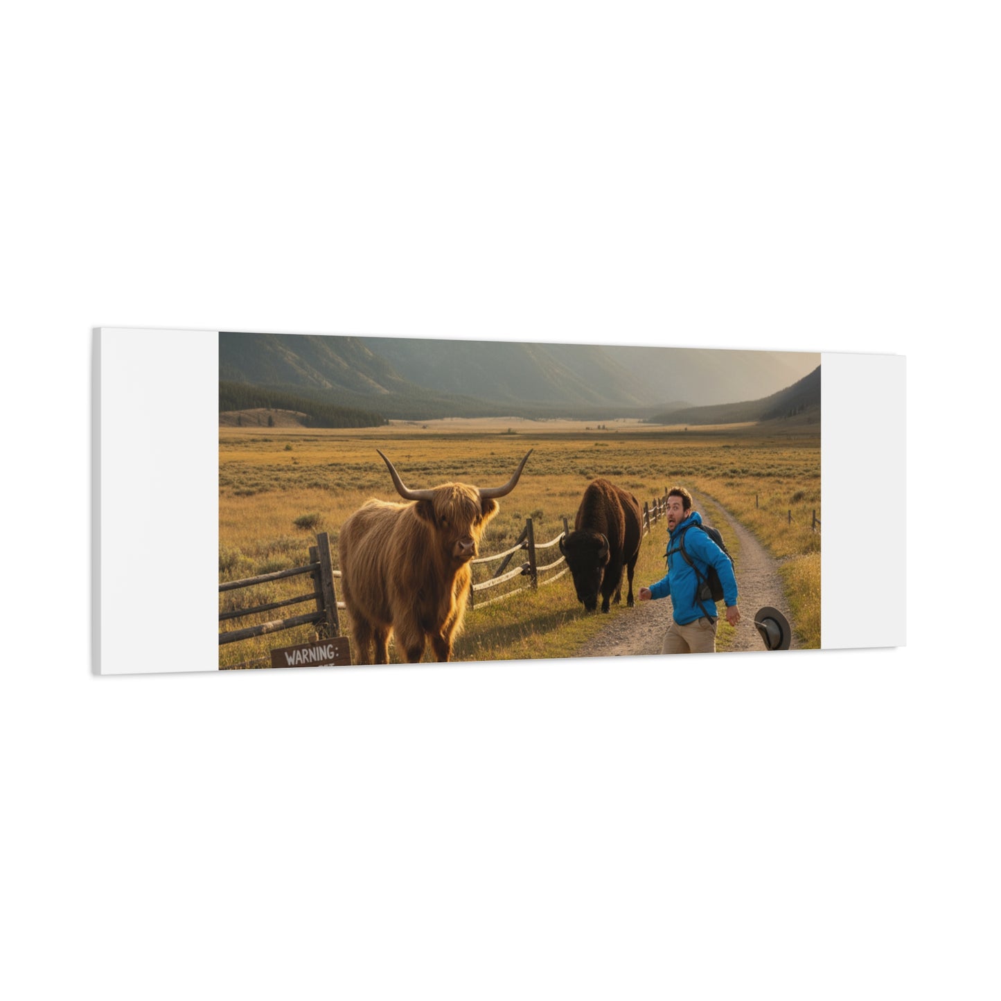 Chased by a Buffalo Canvas | wholesome sarcasm print, soft humor wall art