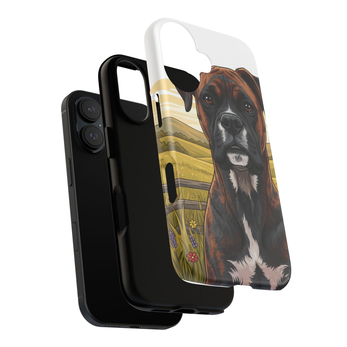 Boxer Dog Phone Case — Protective Tough Case with Rustic Countryside Illustration