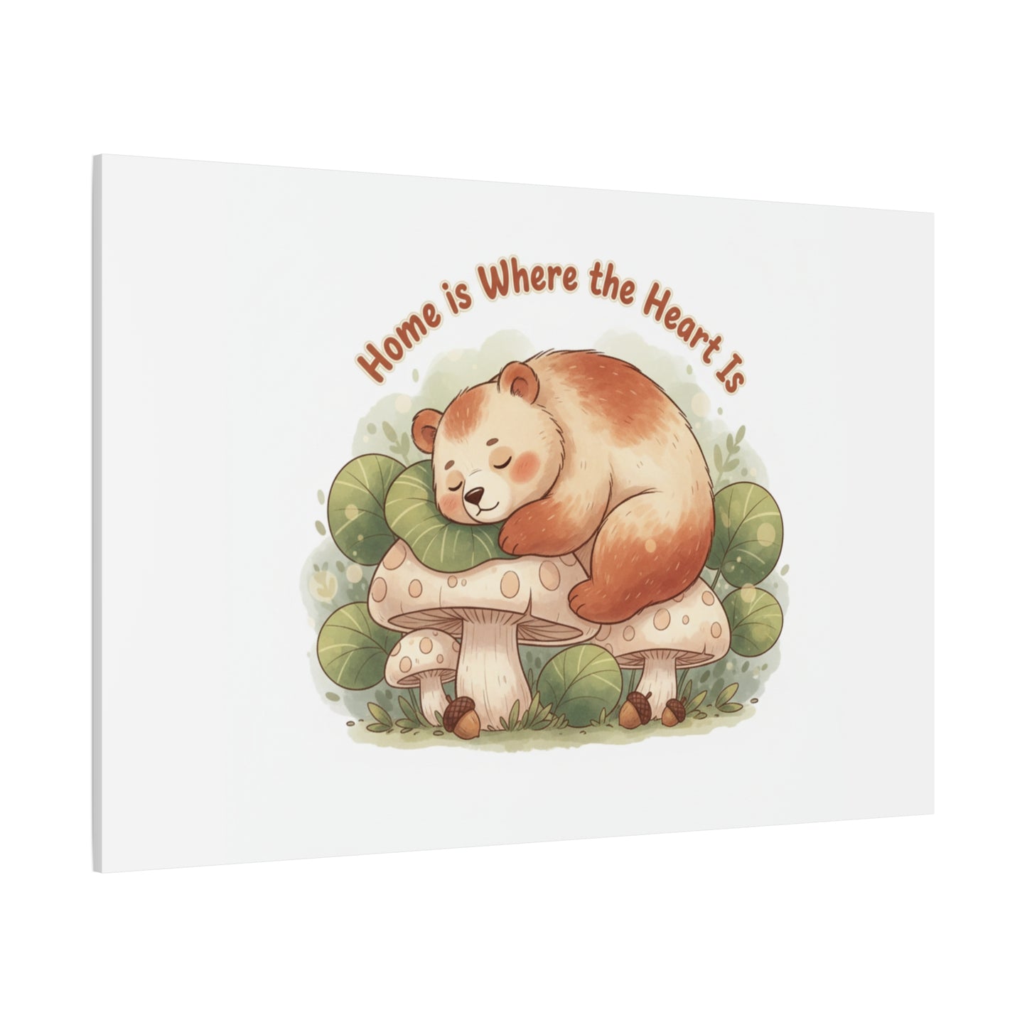 Cozy Sleeping Bear Canvas, winter forest art | cute animal illustration