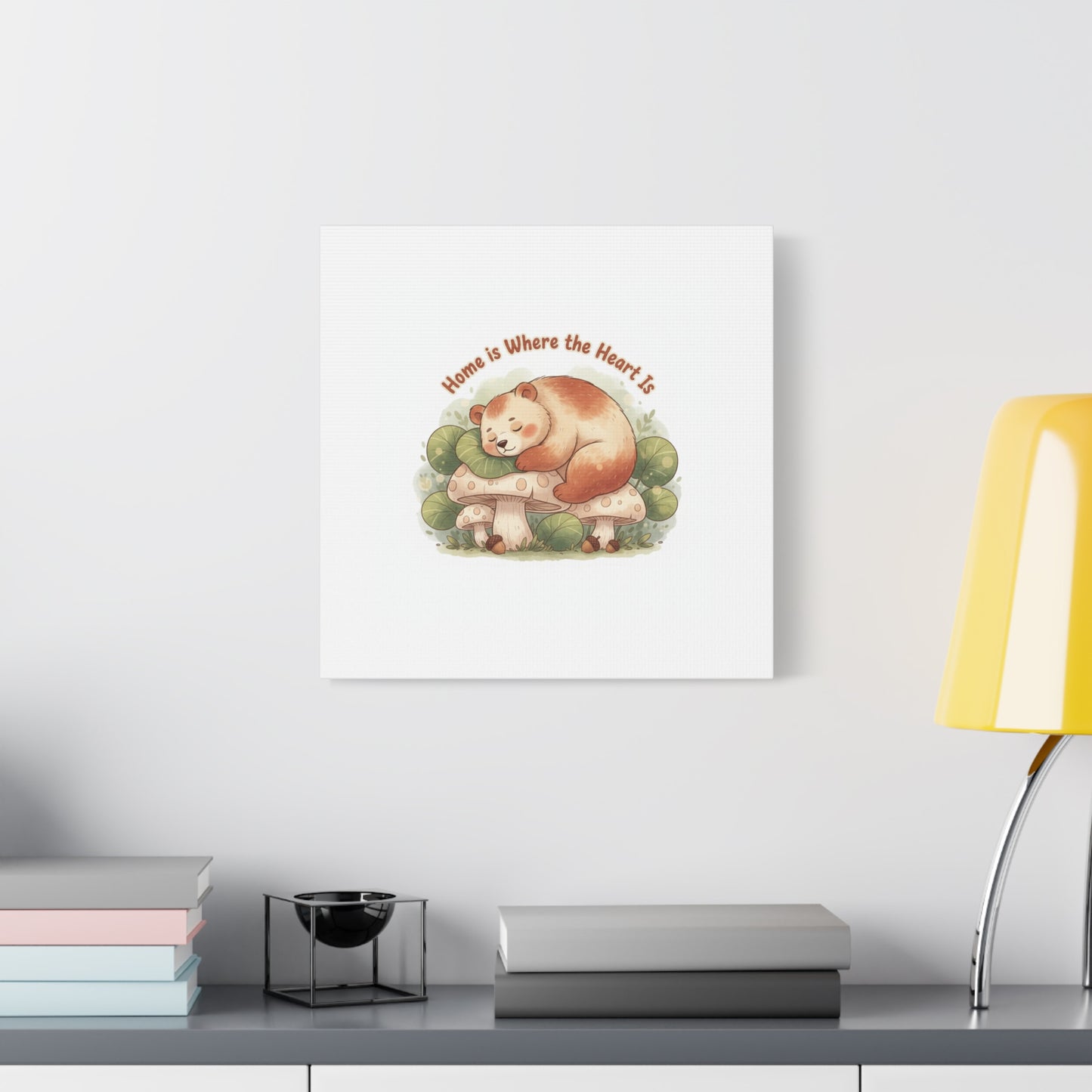 Cozy Sleeping Bear Canvas, winter forest art | cute animal illustration