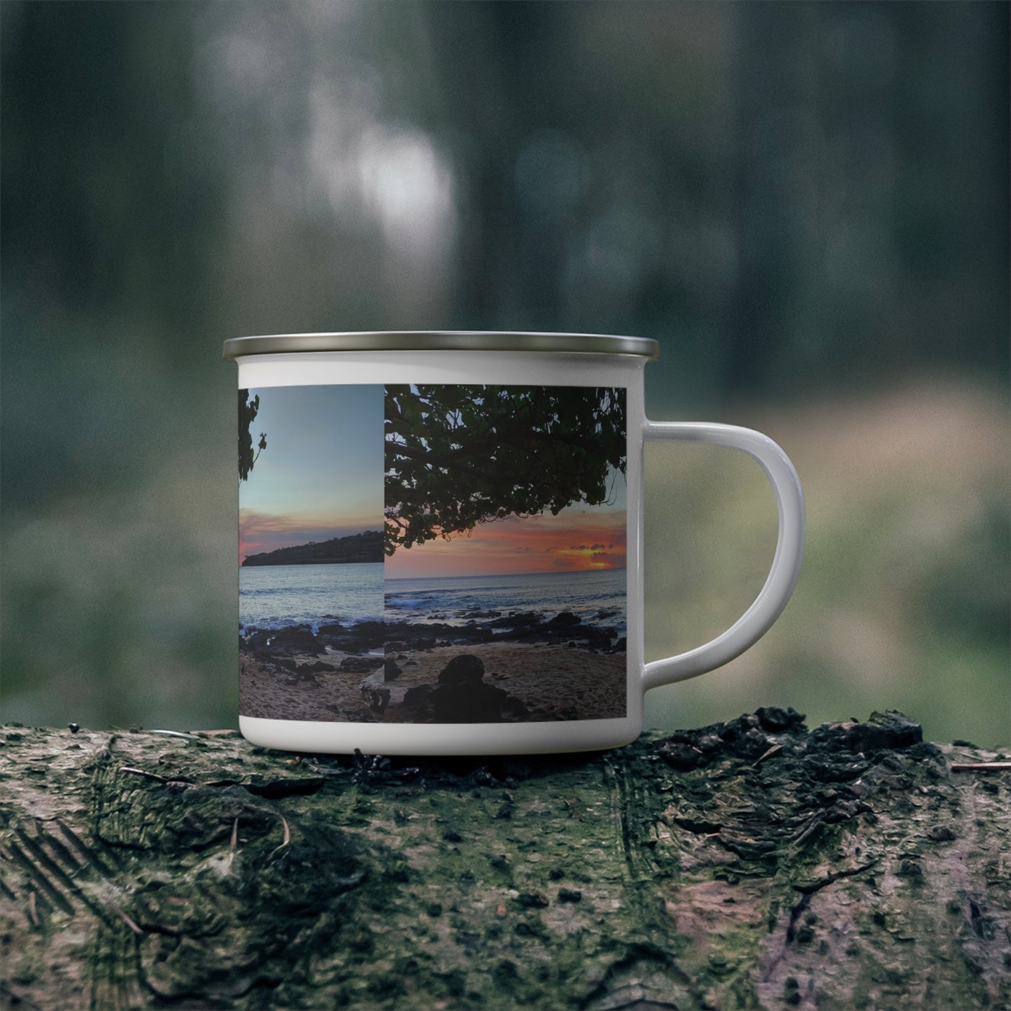 Enamel Camping Mug — Beach Sunset Photo Campfire Coffee Cup