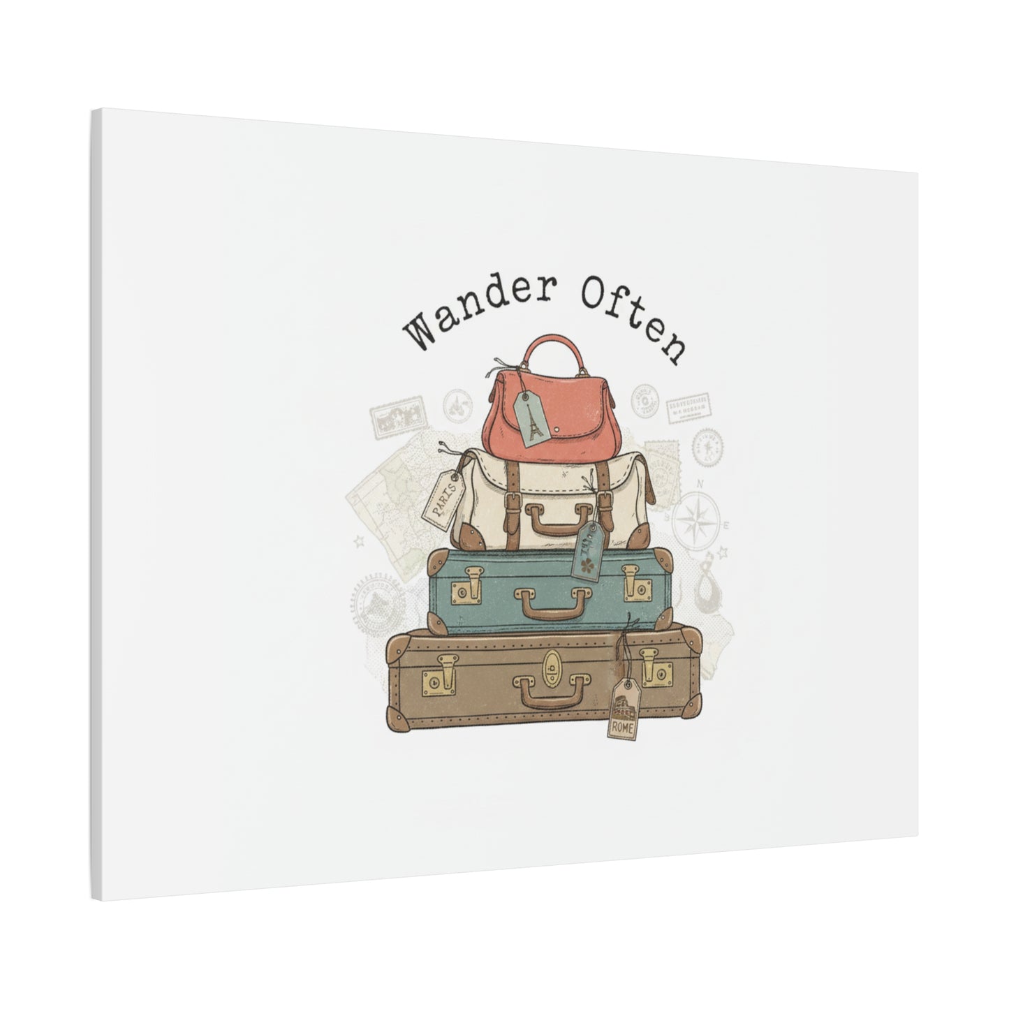 Wander Often Vintage Luggage Stack Canvas, travel stamps | passport stamp wanderlust