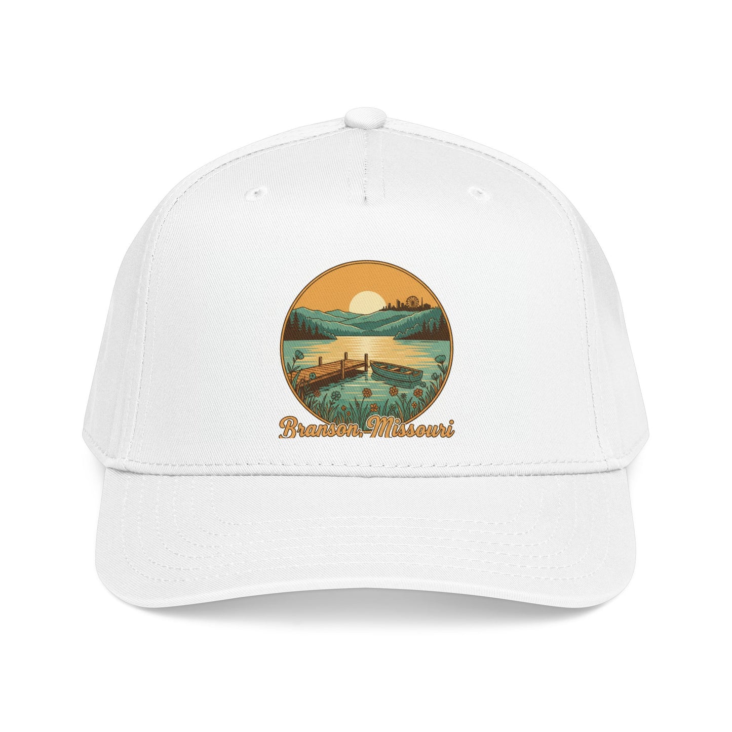 Sunset Lake Scenic Baseball Cap — Retro Fishing Dock Design