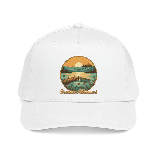 Sunset Lake Scenic Baseball Cap — Retro Fishing Dock Design