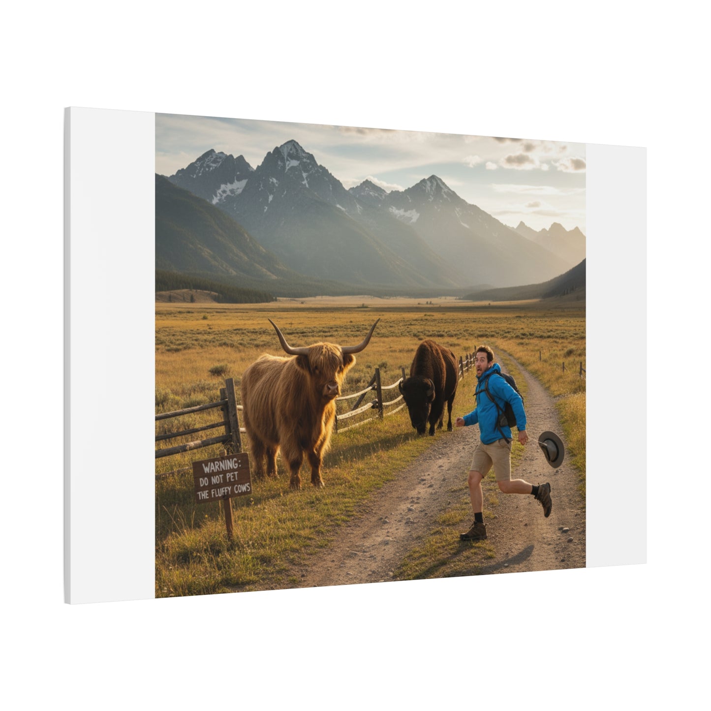 Chased by a Buffalo Canvas | wholesome sarcasm print, soft humor wall art
