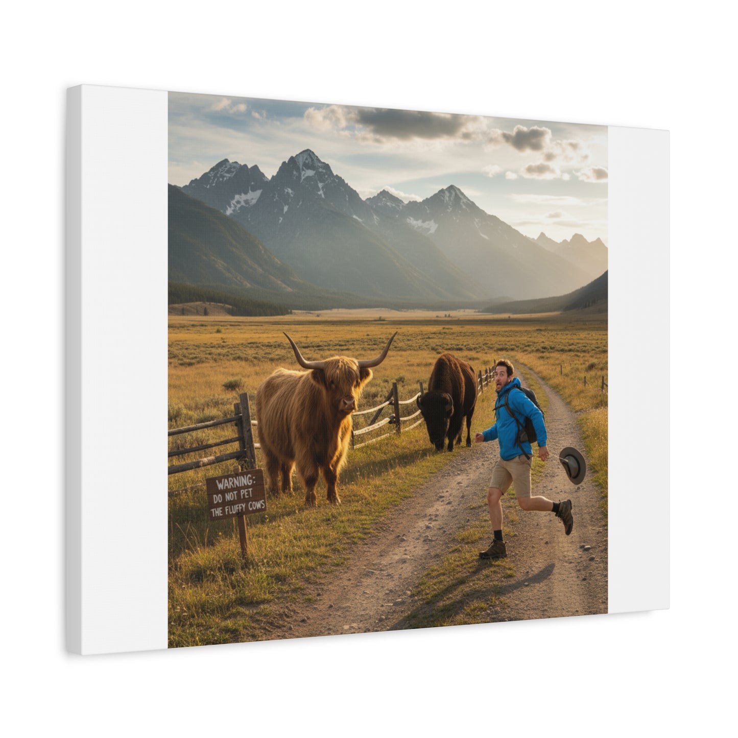 Chased by a Buffalo Canvas | wholesome sarcasm print, soft humor wall art