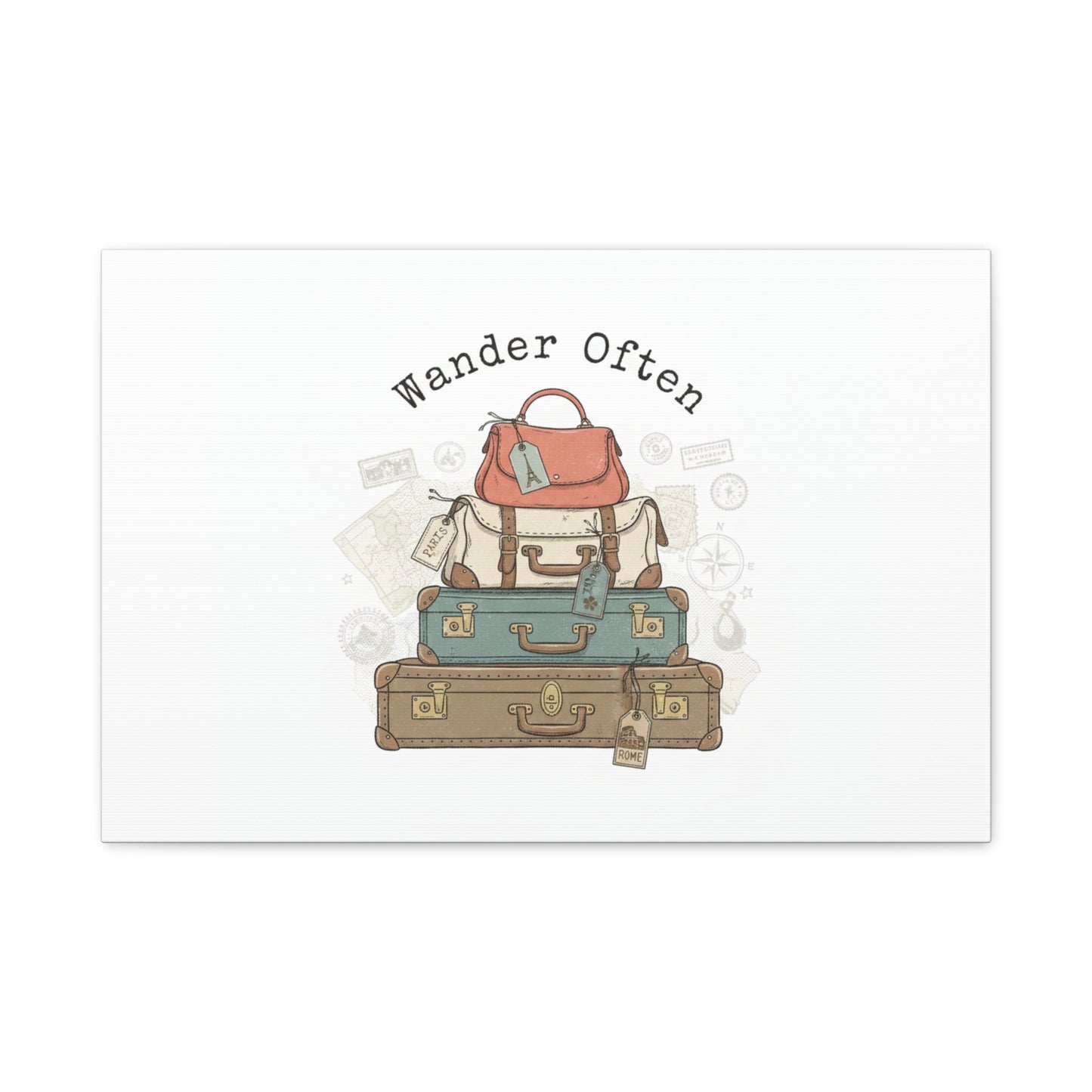 Wander Often Vintage Luggage Stack Canvas, travel stamps | passport stamp wanderlust