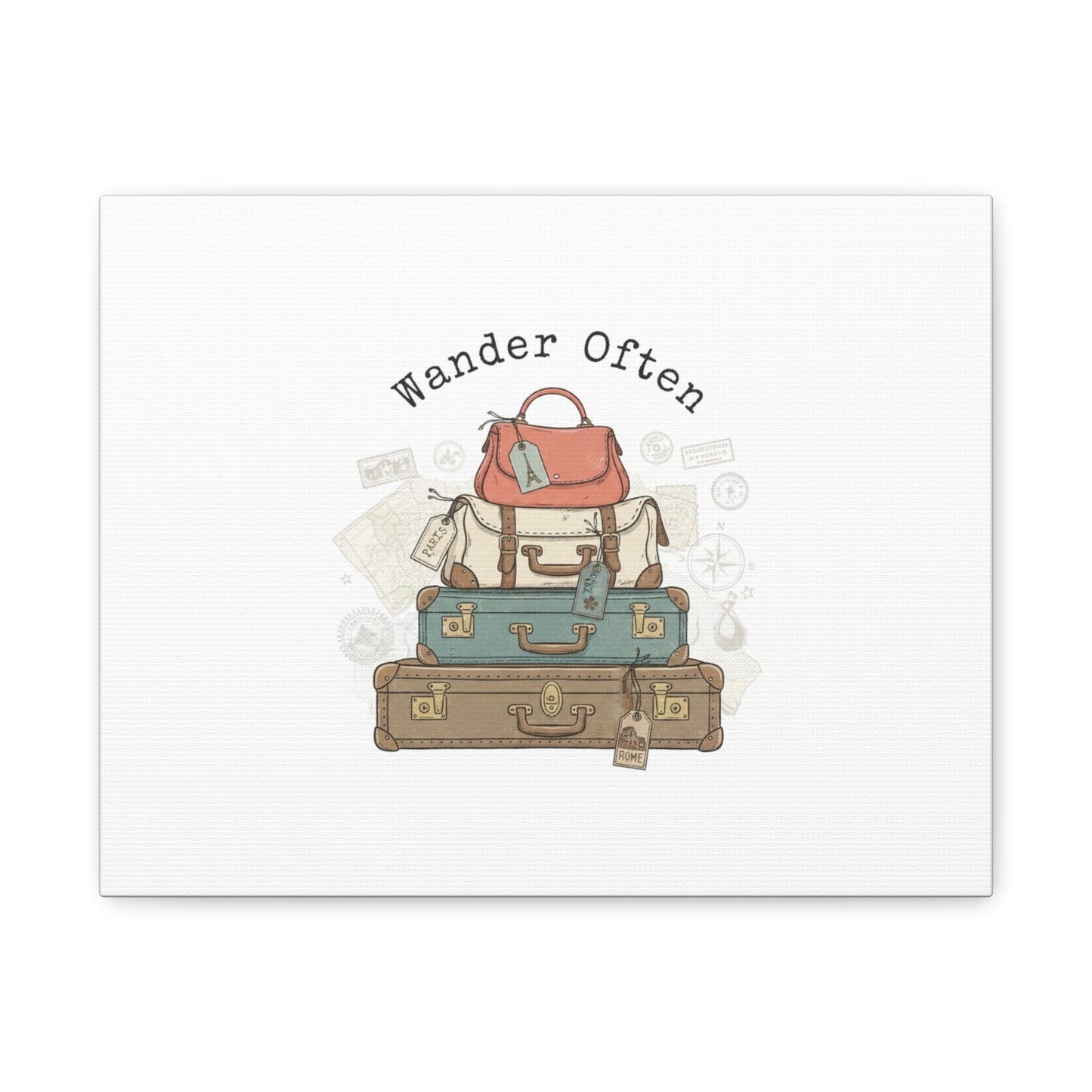 Wander Often Vintage Luggage Stack Canvas, travel stamps | passport stamp wanderlust