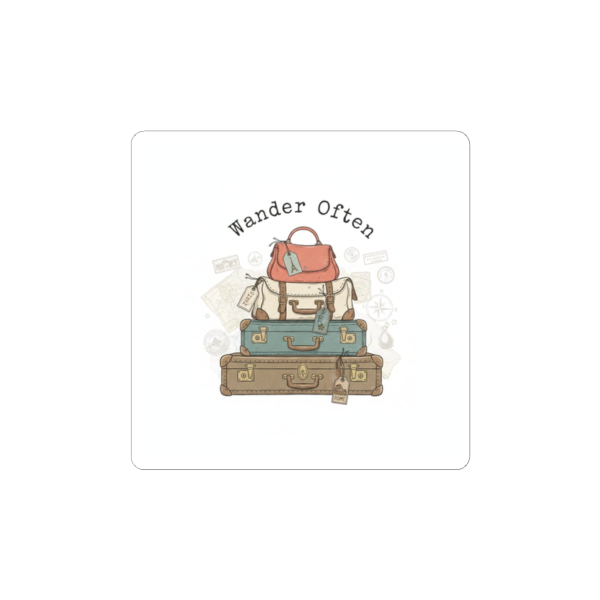 Wander Often vintage luggage stack Kiss-Cut Stickers | travel stamps, postcard nostalgia
