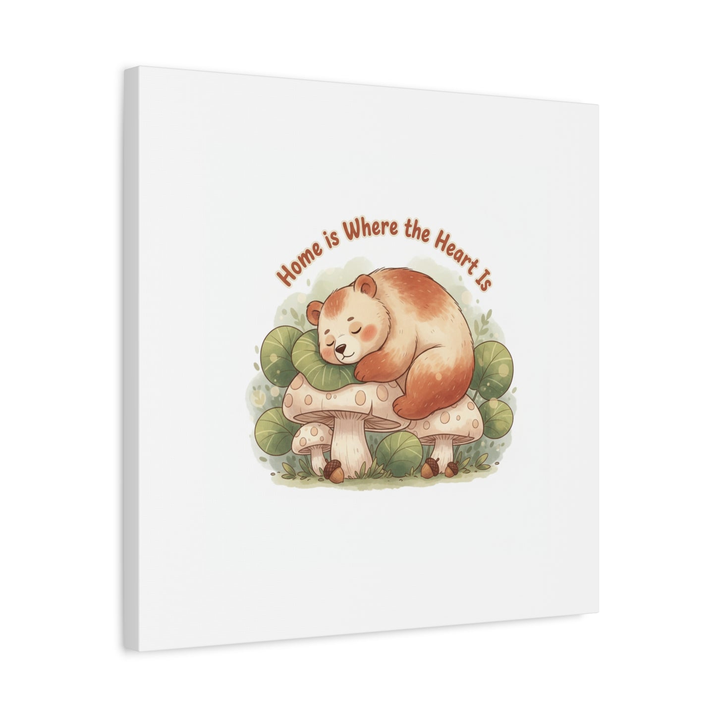 Cozy Sleeping Bear Canvas, winter forest art | cute animal illustration
