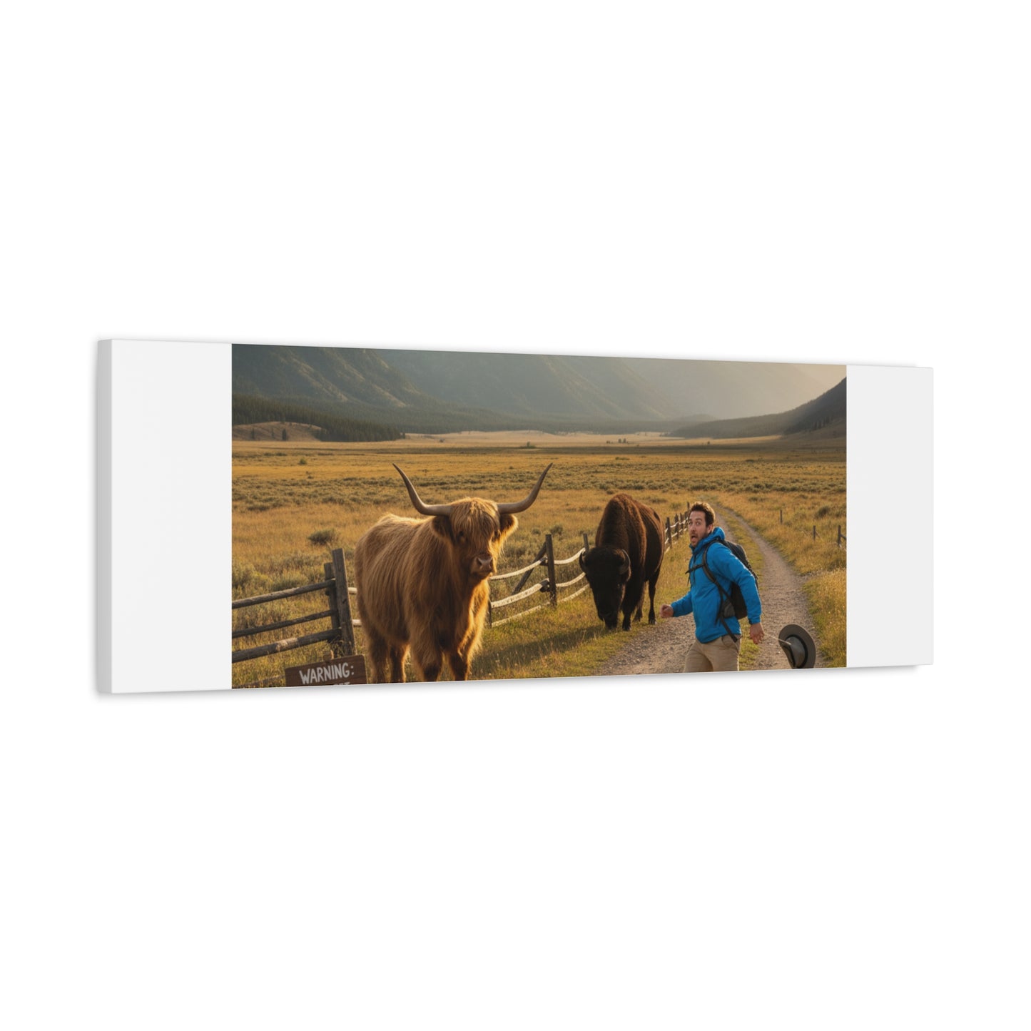 Chased by a Buffalo Canvas | wholesome sarcasm print, soft humor wall art