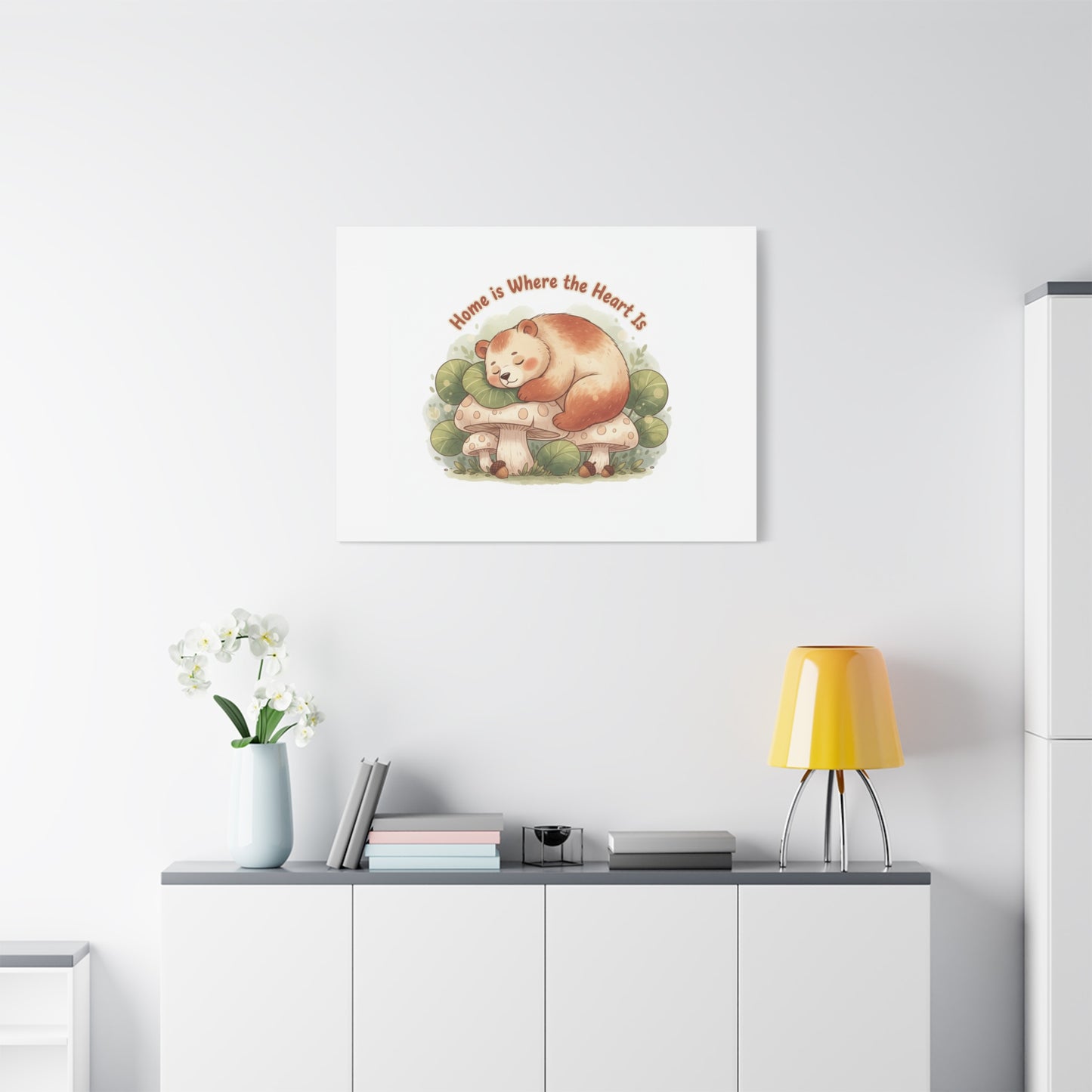 Cozy Sleeping Bear Canvas, winter forest art | cute animal illustration