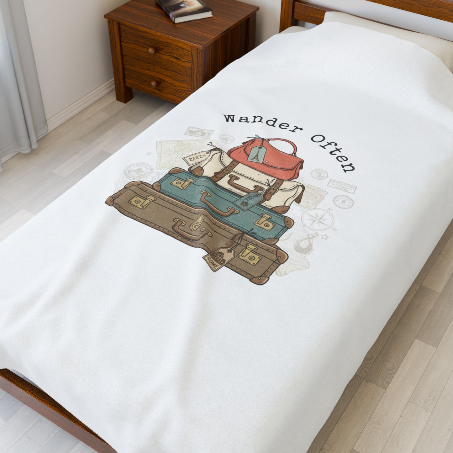 Wander Often vintage luggage stack Velveteen Blanket | travel stamps, postcard vintage