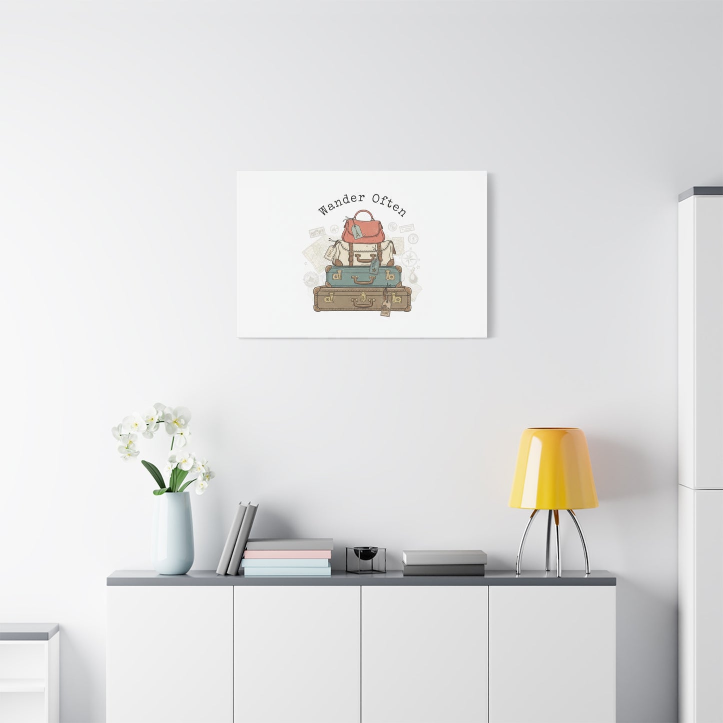Wander Often Vintage Luggage Stack Canvas, travel stamps | passport stamp wanderlust