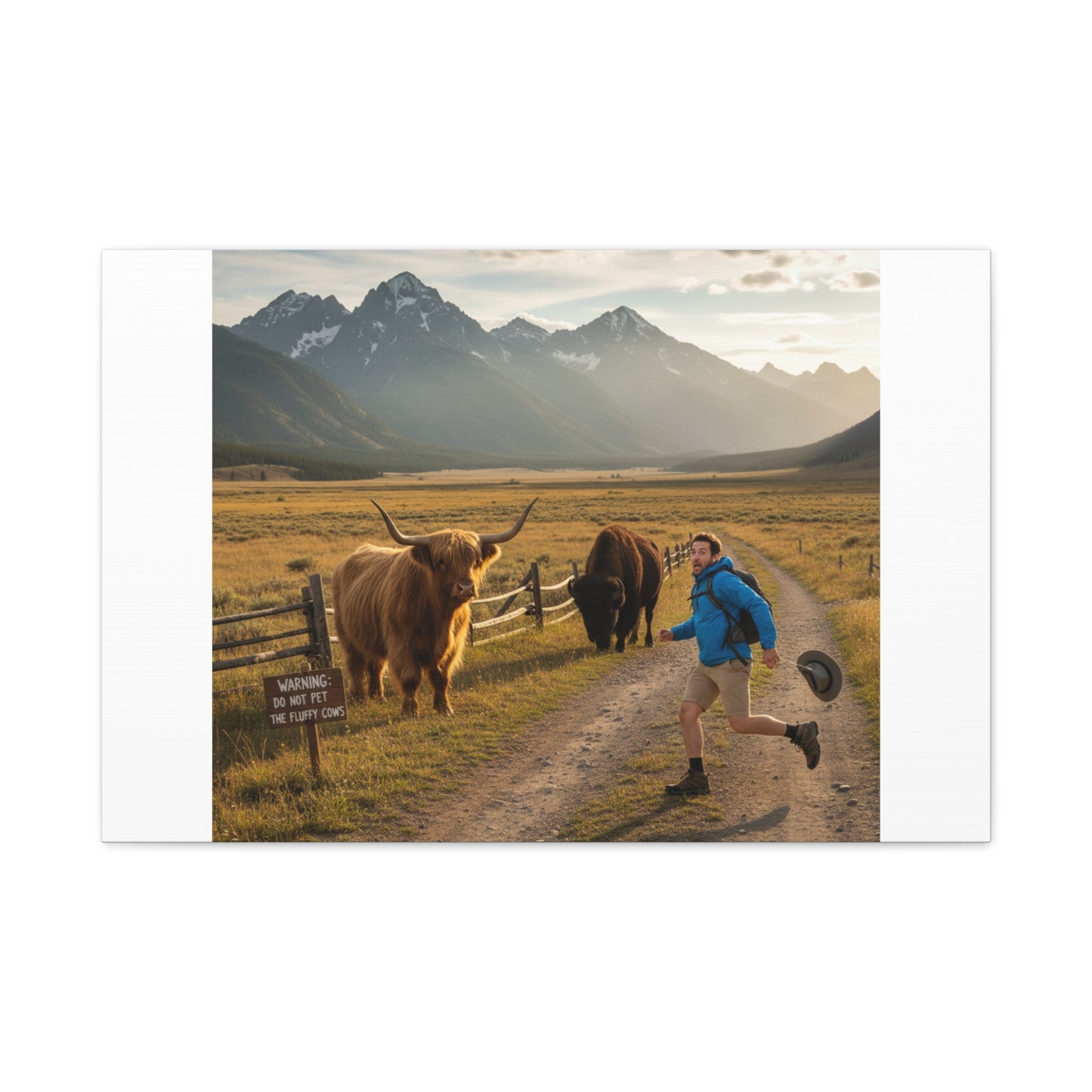 Chased by a Buffalo Canvas | wholesome sarcasm print, soft humor wall art
