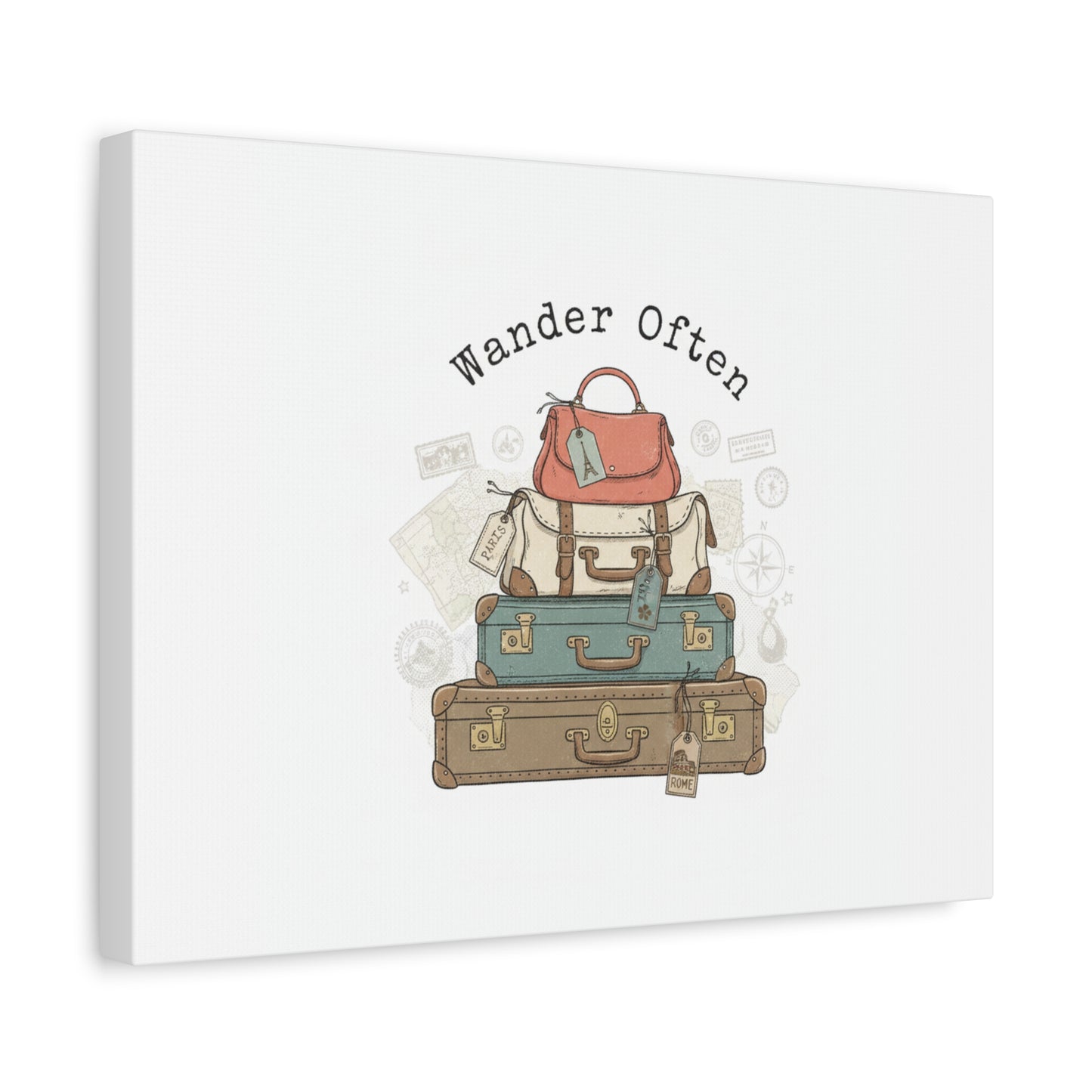 Wander Often Vintage Luggage Stack Canvas, travel stamps | passport stamp wanderlust