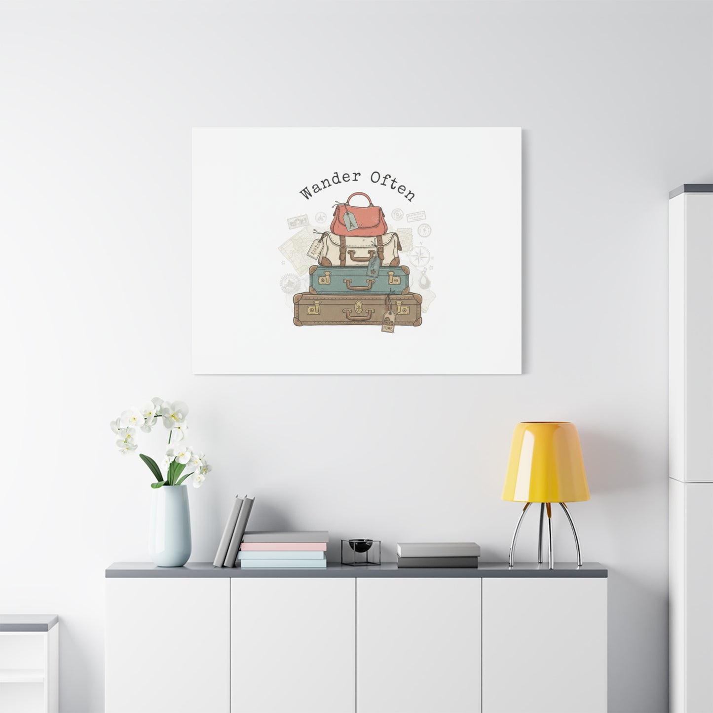 Wander Often Vintage Luggage Stack Canvas, travel stamps | passport stamp wanderlust