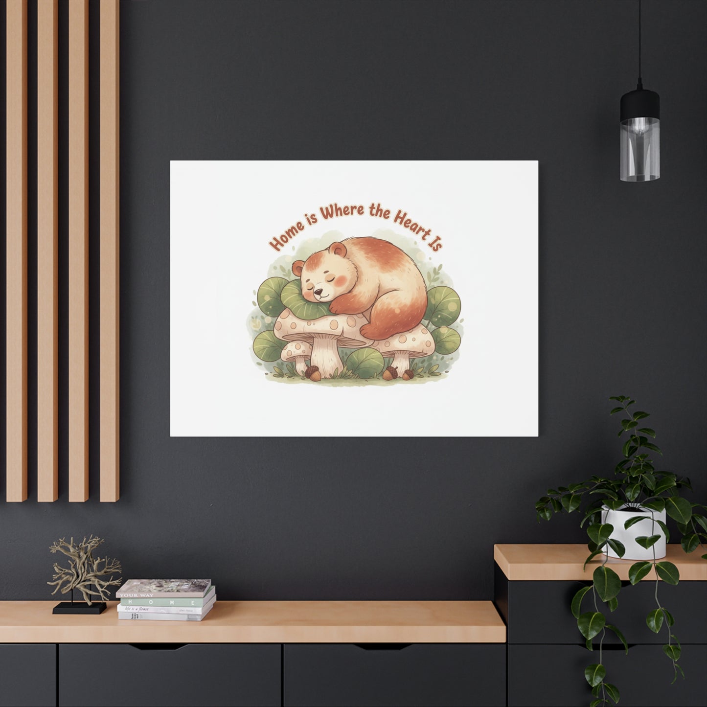 Cozy Sleeping Bear Canvas, winter forest art | cute animal illustration