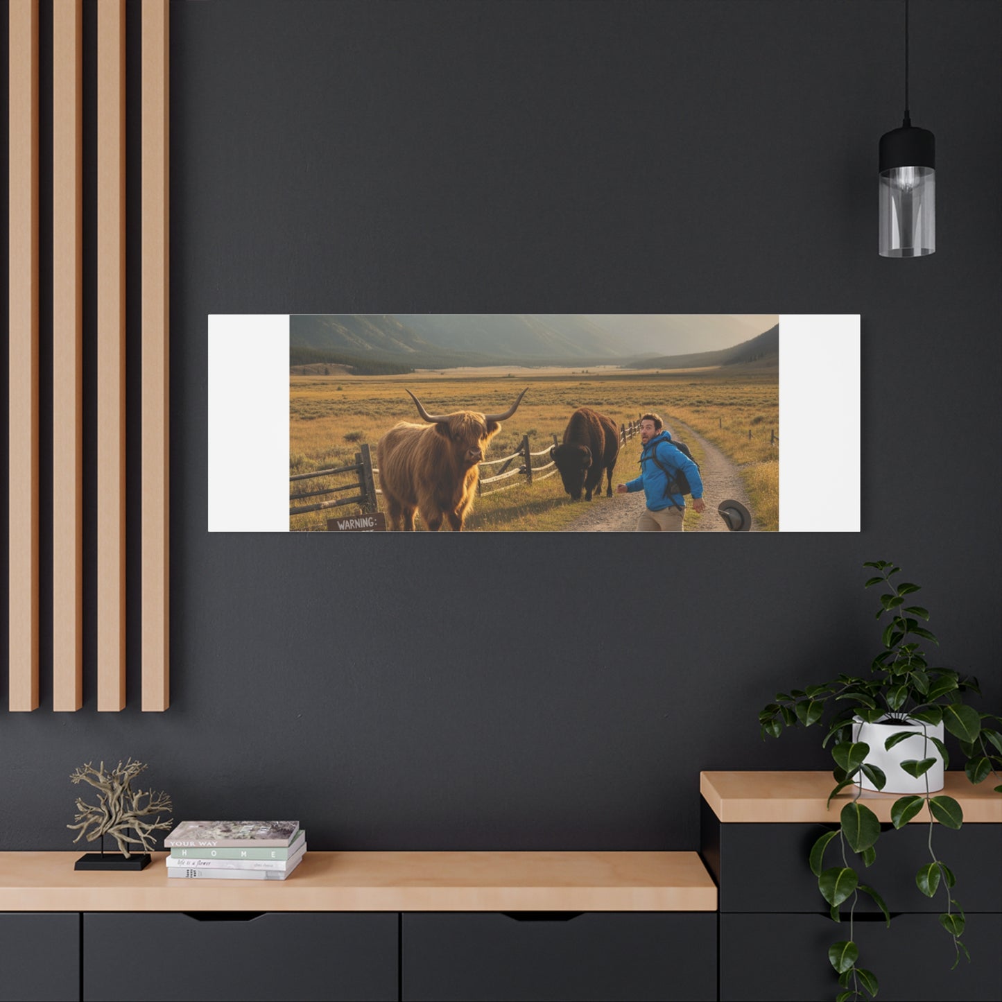 Chased by a Buffalo Canvas | wholesome sarcasm print, soft humor wall art