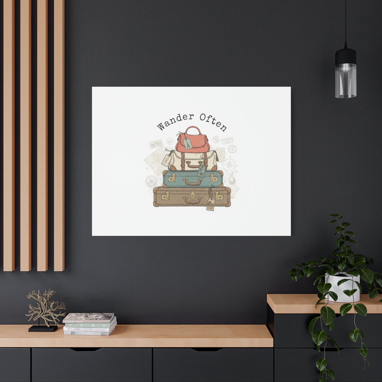 Wander Often Vintage Luggage Stack Canvas, travel stamps | passport stamp wanderlust