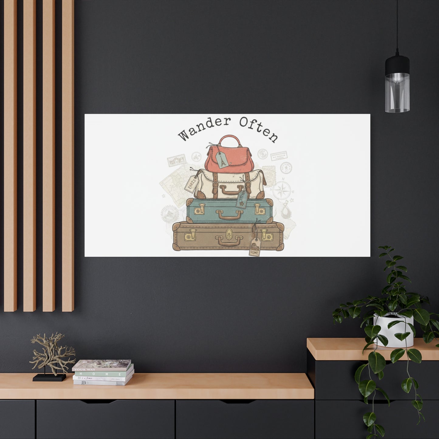 Wander Often Vintage Luggage Stack Canvas, travel stamps | passport stamp wanderlust