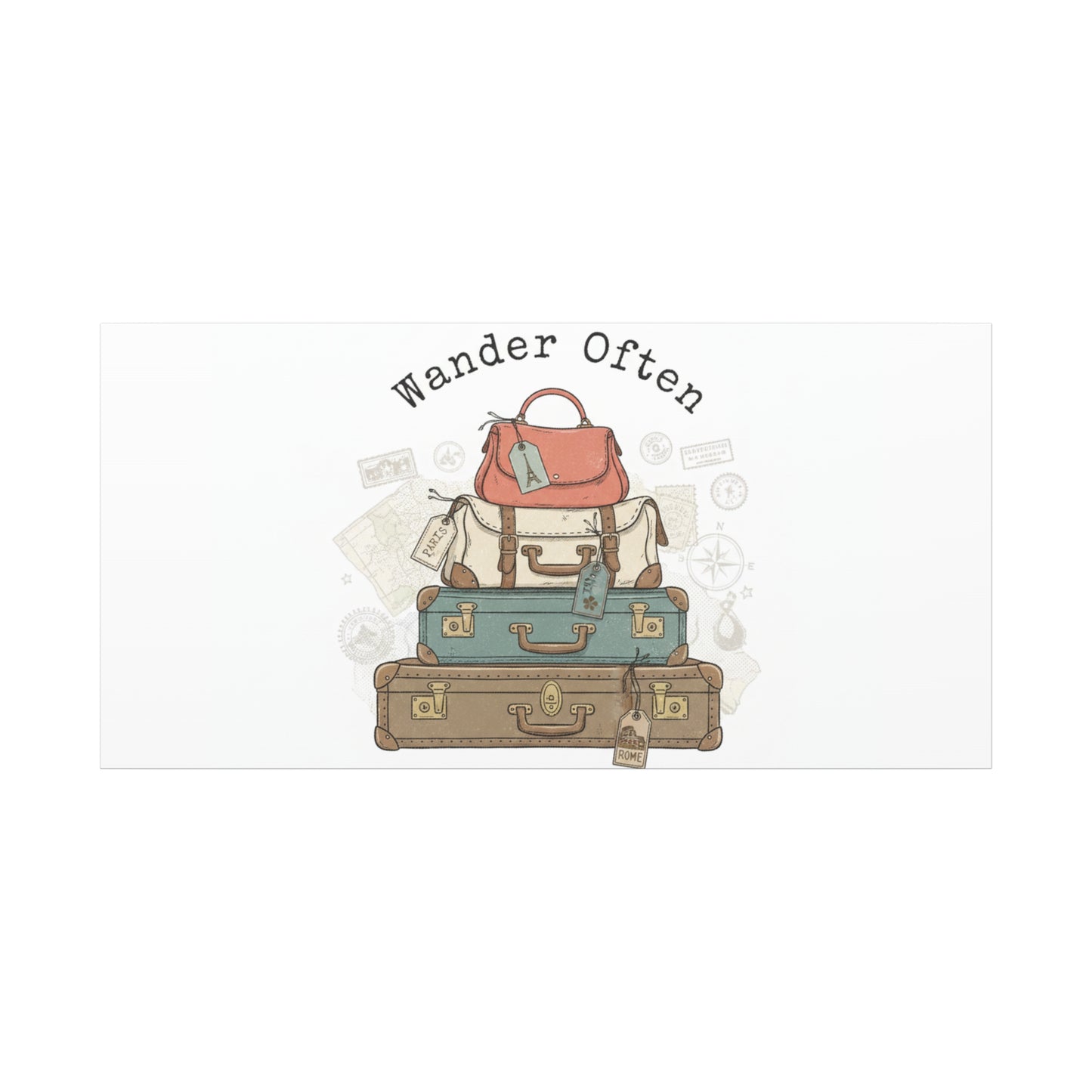 Wander Often Vintage Luggage Stack Canvas, travel stamps | passport stamp wanderlust