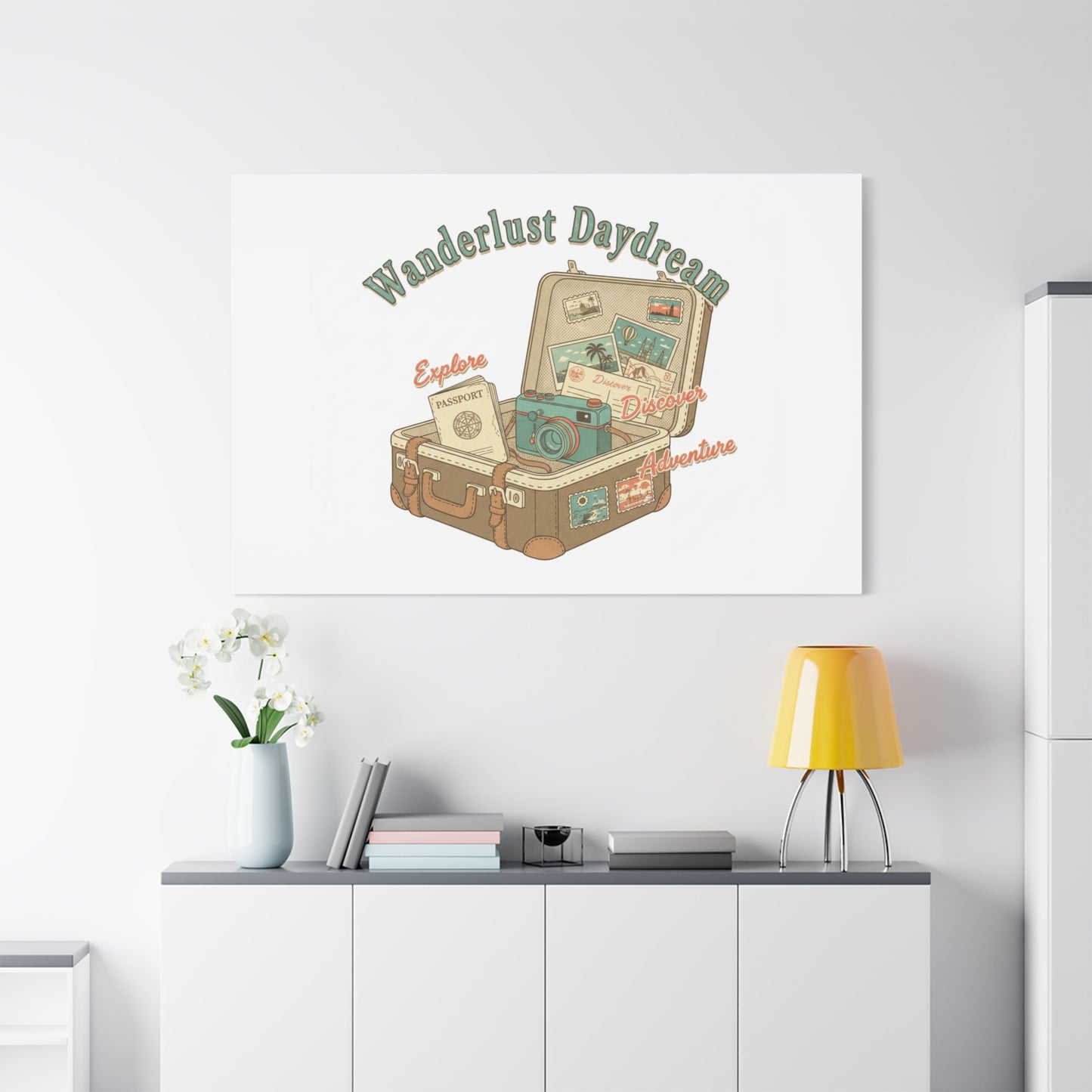 Wanderlust Daydream Travel Postcard Canvas | Retro Travel Stamp Decor