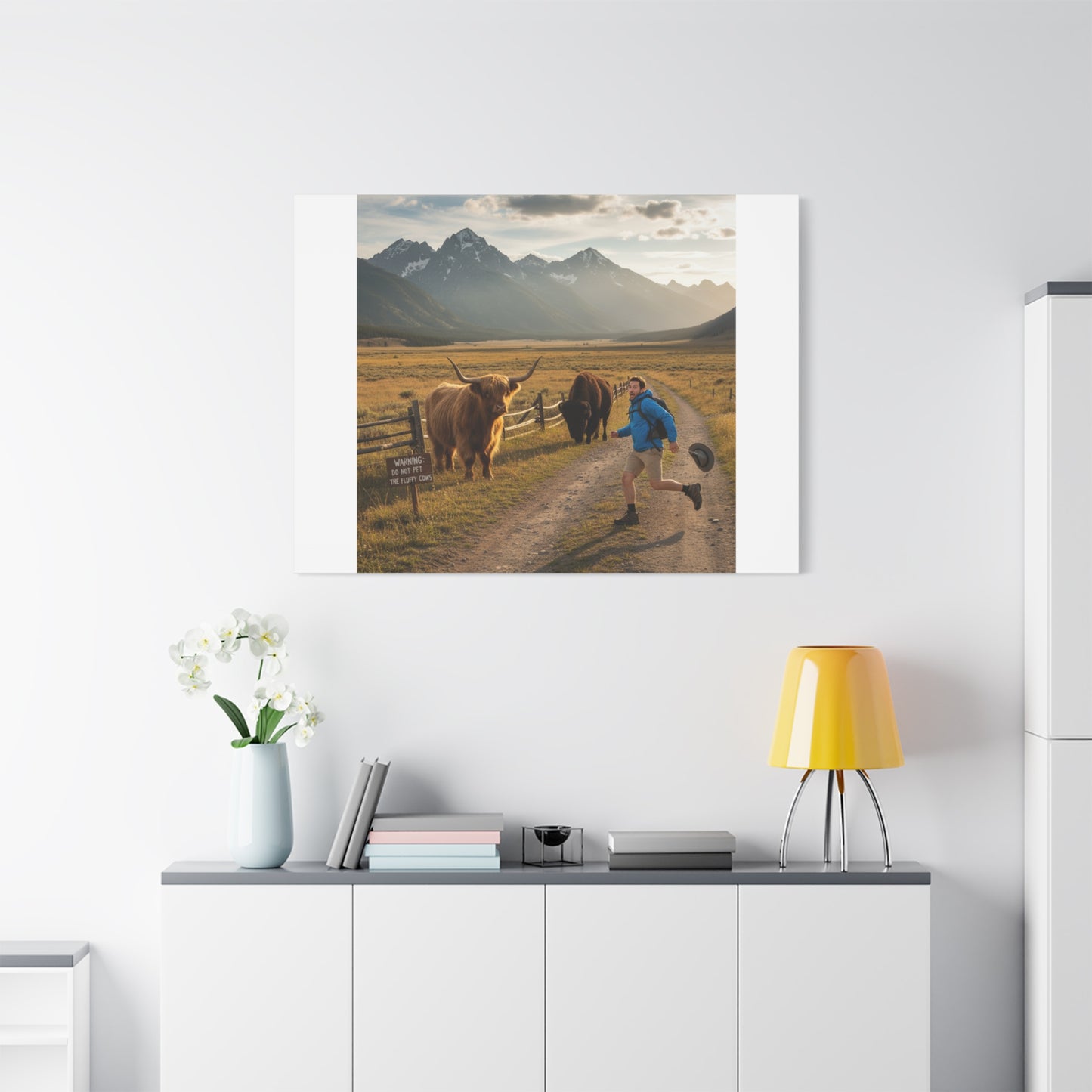 Chased by a Buffalo Canvas | wholesome sarcasm print, soft humor wall art
