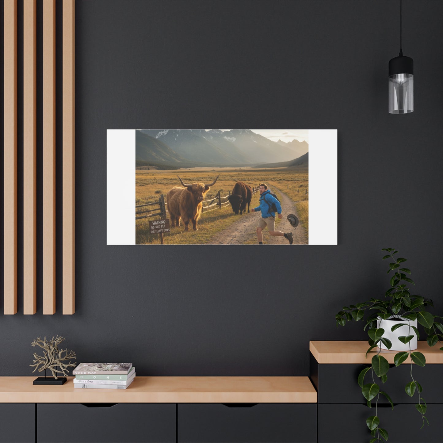 Chased by a Buffalo Canvas | wholesome sarcasm print, soft humor wall art