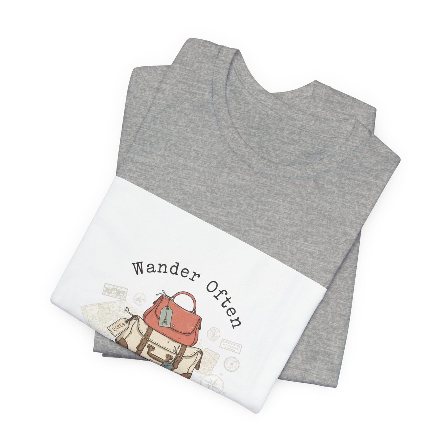 Wander Often suitcase stack Tee | vintage travel stamps, postcard nostalgia