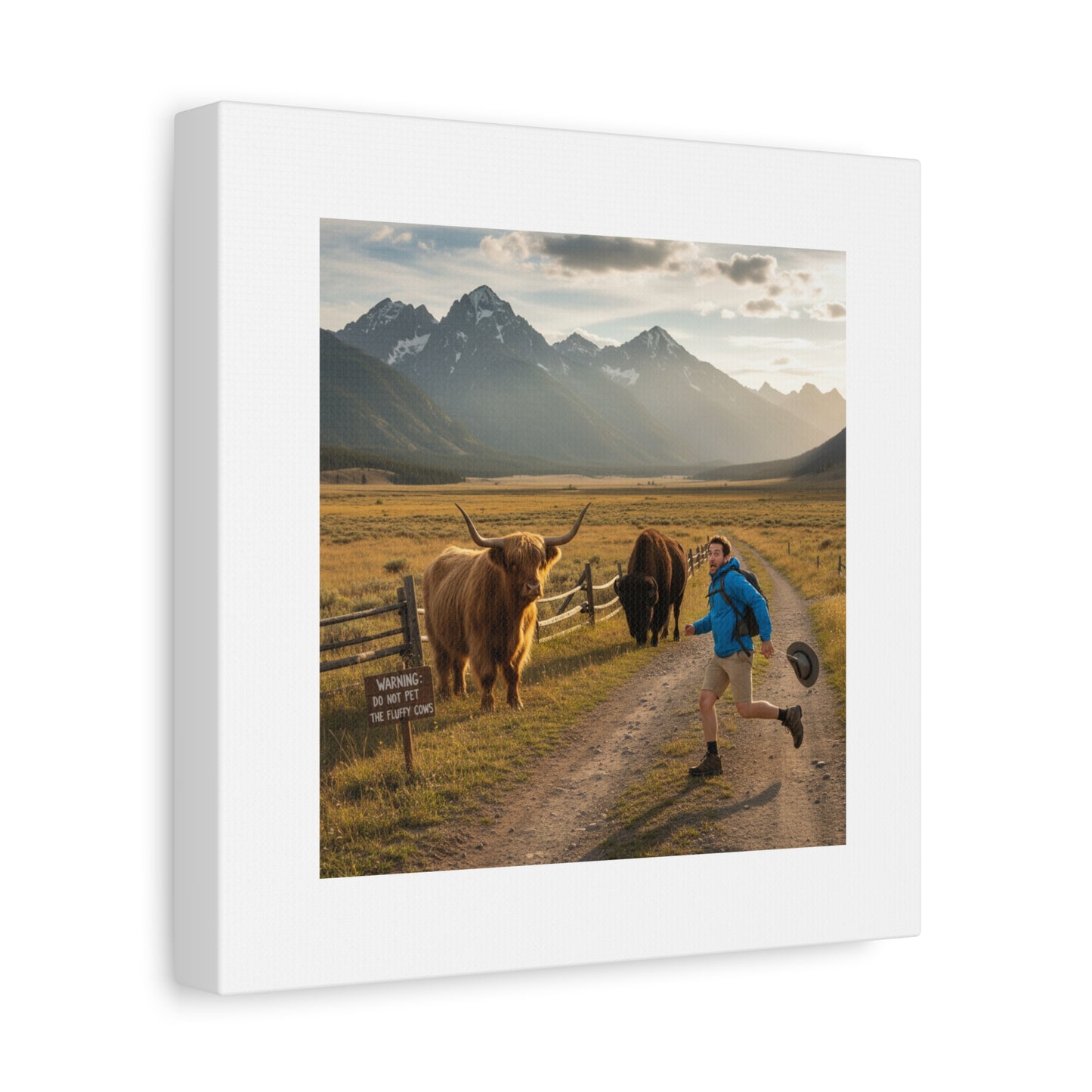 Chased by a Buffalo Canvas | wholesome sarcasm print, soft humor wall art
