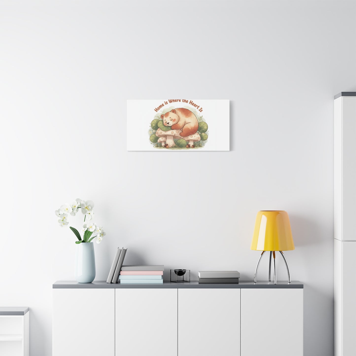 Cozy Sleeping Bear Canvas, winter forest art | cute animal illustration
