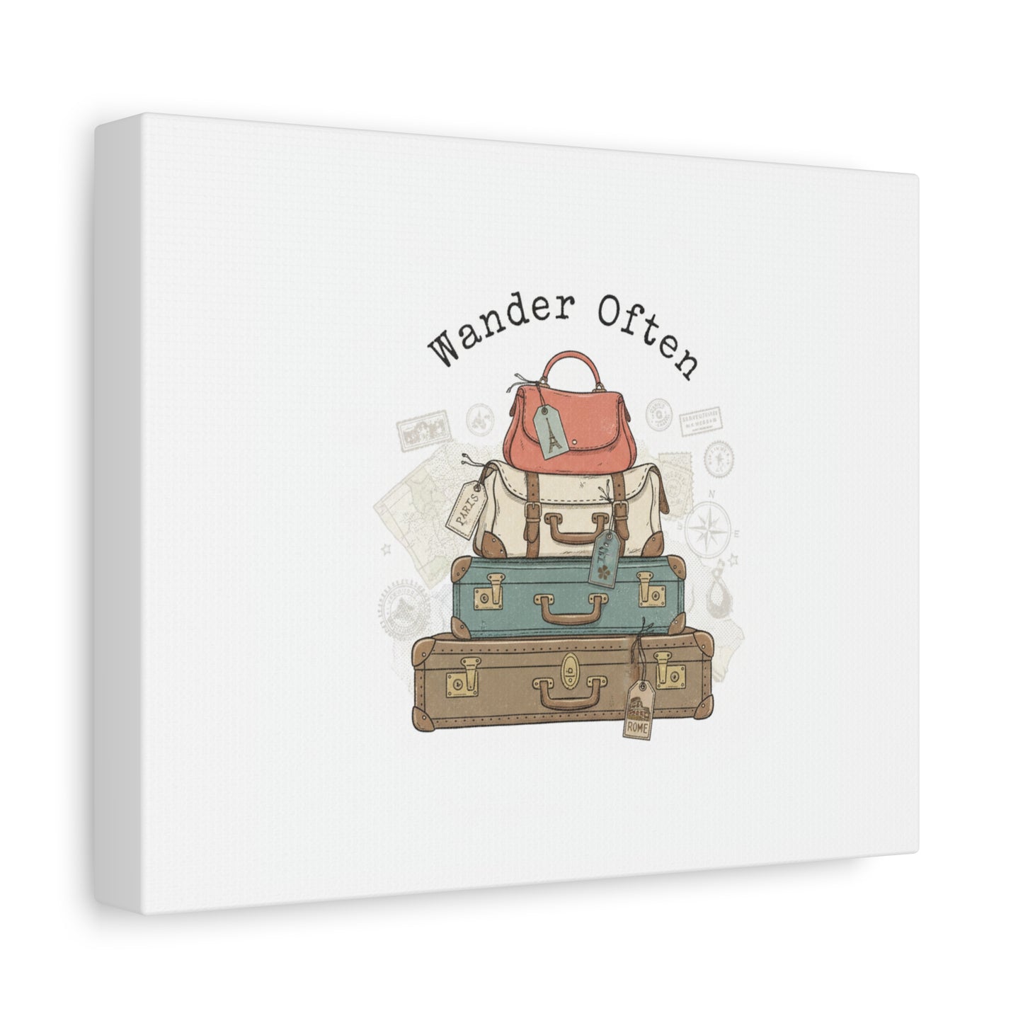 Wander Often Vintage Luggage Stack Canvas, travel stamps | passport stamp wanderlust