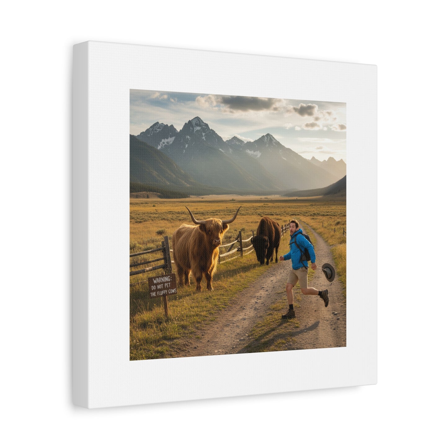 Chased by a Buffalo Canvas | wholesome sarcasm print, soft humor wall art