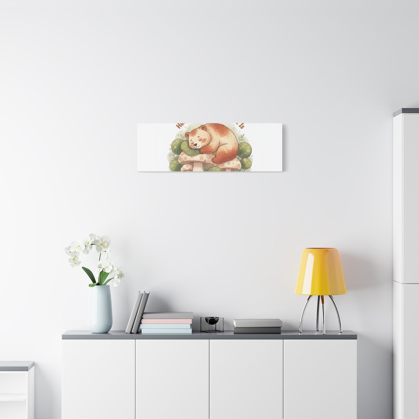 Cozy Sleeping Bear Canvas, winter forest art | cute animal illustration