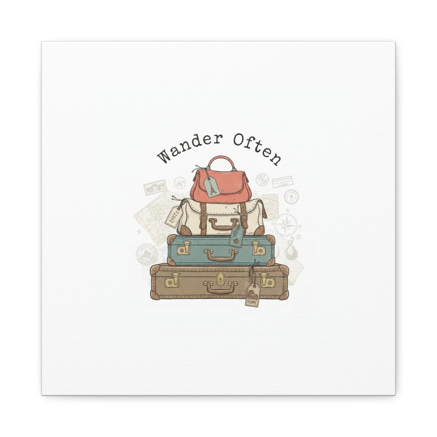Wander Often Vintage Luggage Stack Canvas, travel stamps | passport stamp wanderlust